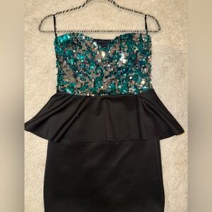 Symphony Strapless Teal Sequin Peplum Mini Dress